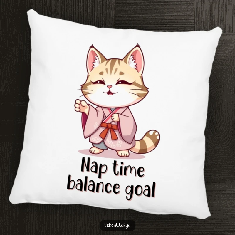 Funny Bobcat Pillow: A bobcat in an elegant kimono striking a funny, wobbly pose, offering soft and humorous decor.
