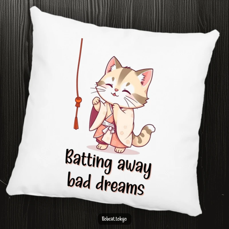 Funny Bobcat Pillow: A cute bobcat in a flowing kimono playfully batting at a dangling string, offering soft, humorous decor.