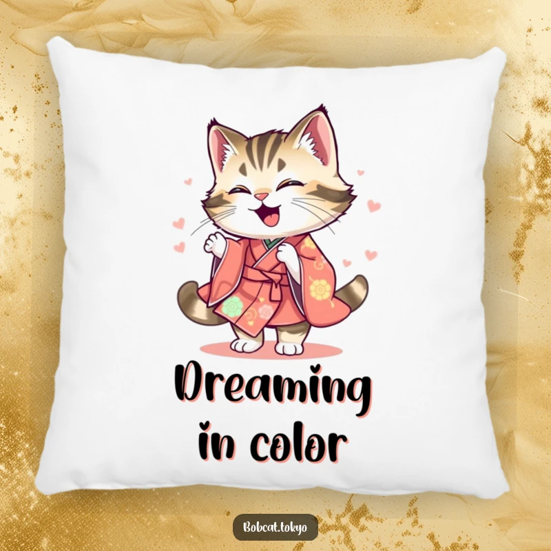 Funny Pillow with a bobcat joyfully spinning, its kimono a colorful blur, offering comfort and humorous energy.