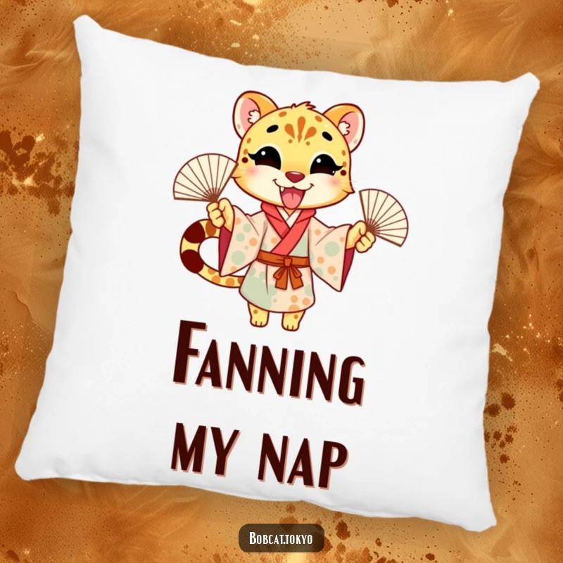 Funny Pillow featuring an excited cheetah character in a kimono, energetically waving fans, perfect for adding comfort and cheer.