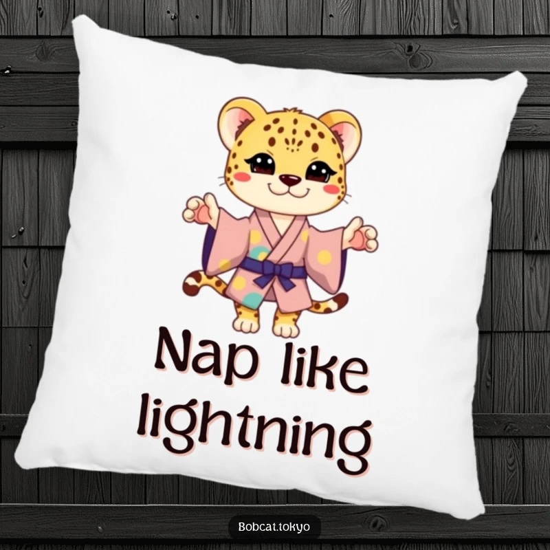 Funny Pillow featuring a stylized cheetah in a colorful kimono, striking a playful pose, offering comfort and a touch of humor.