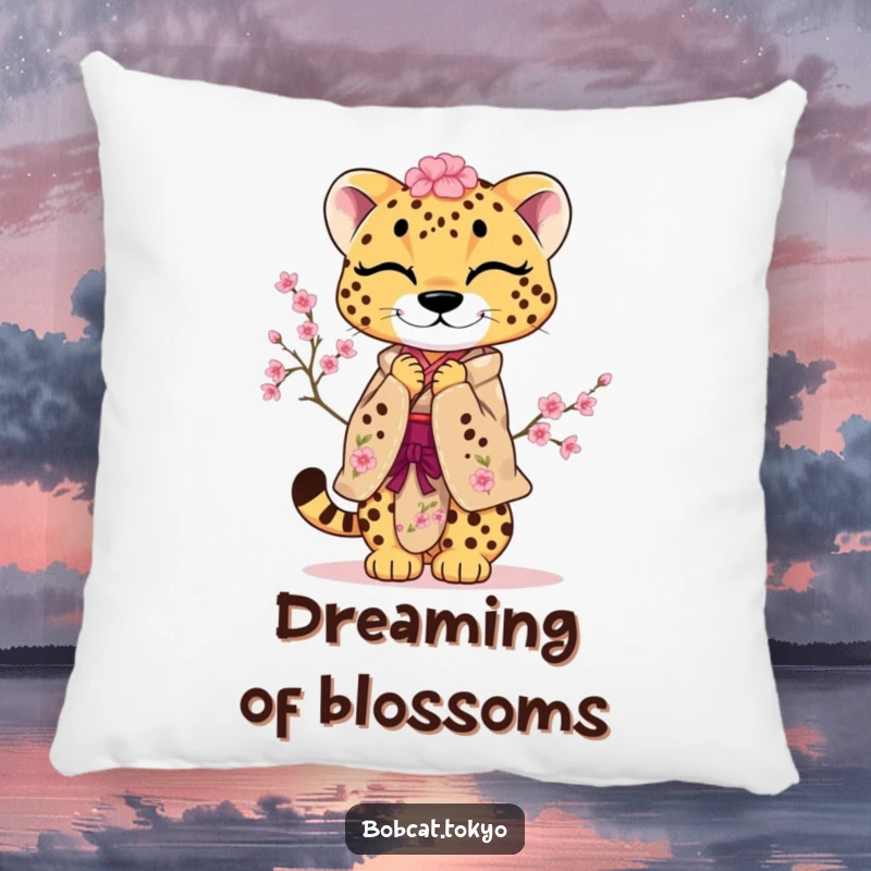 Funny Pillow featuring a cheetah in a kimono decorated with cherry blossoms, performing a gentle, playful bow, adding comfort.
