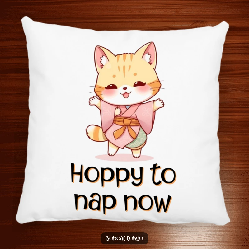 Funny Bobcat Pillow: A bobcat garbed in a traditional kimono doing a silly hop, offering soft and humorous decor.