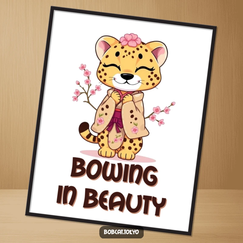 Funny Digital Art Print of a cheetah in a cherry blossom kimono, performing a playful, courteous bow, offering downloadable charm.