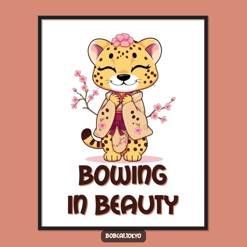 Funny Cherry Blossom Cheetah Digital Art: Playful Bow Instant Download