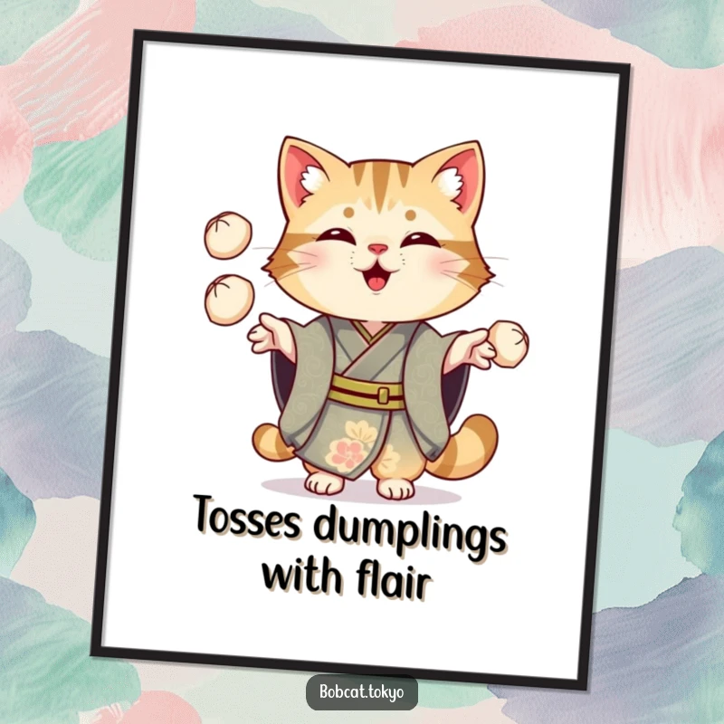 Funny Bobcat Digital Art: A bobcat in an ornate kimono cheerfully juggling three small dumplings, vibrant and humorous printable art.