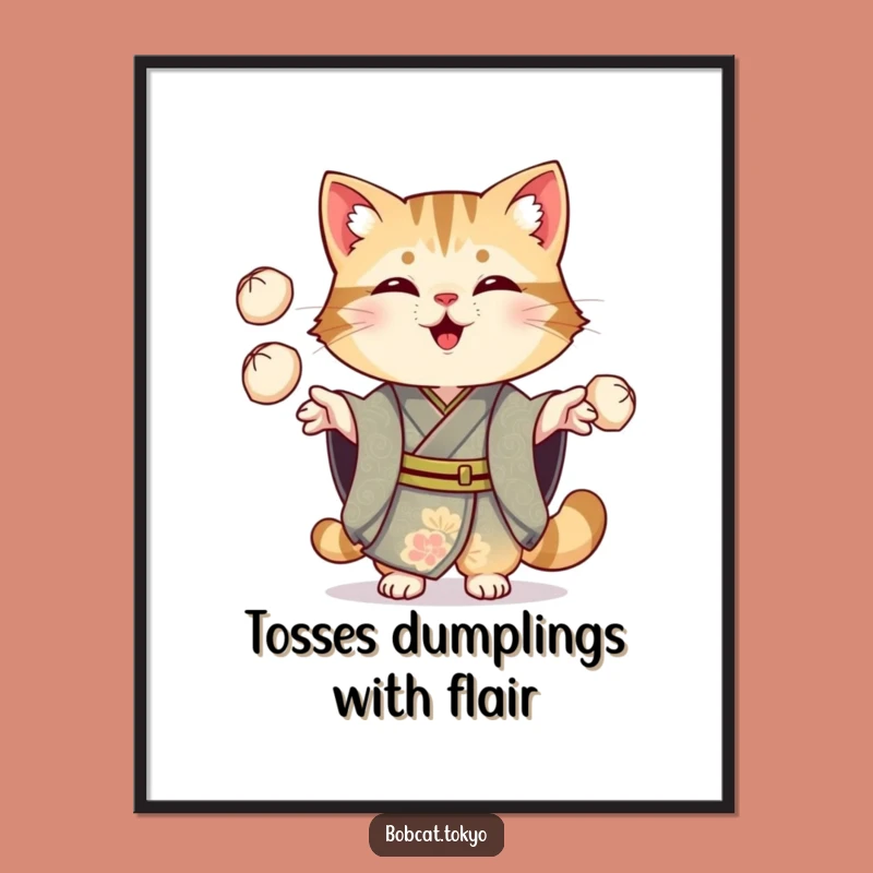 Funny Bobcat Dumpling Juggling Digital Art: Culinary Whimsy Print