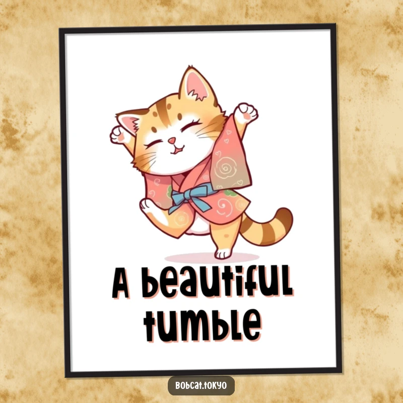 Funny Bobcat Digital Art: A bobcat in a colorful kimono attempting a clumsy somersault, vibrant and humorous printable art.