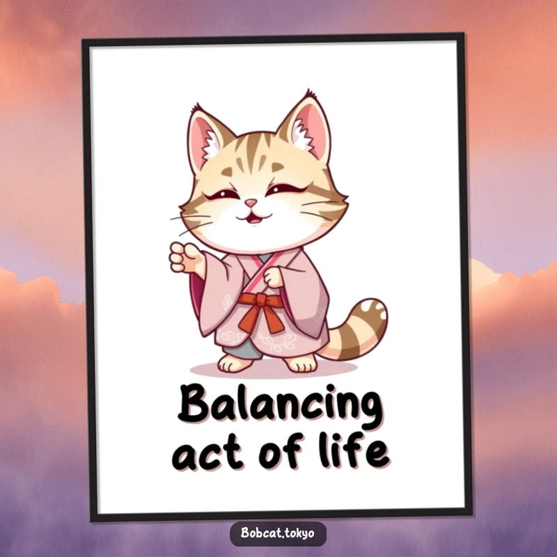 Funny Bobcat Digital Art: A bobcat in an elegant kimono striking a funny, wobbly pose, vibrant and humorous printable art.