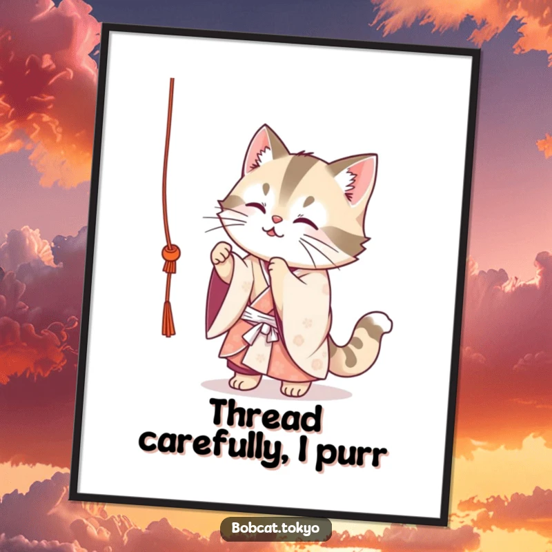 Funny Bobcat Digital Art: A cute bobcat in a flowing kimono playfully batting at a dangling string, vibrant and humorous printable art.