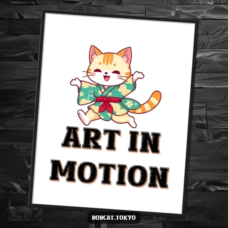 Funny Digital Art Print of a bobcat silhouette leaping gracefully in a vibrant kimono, offering immediate artistic and humorous decor.