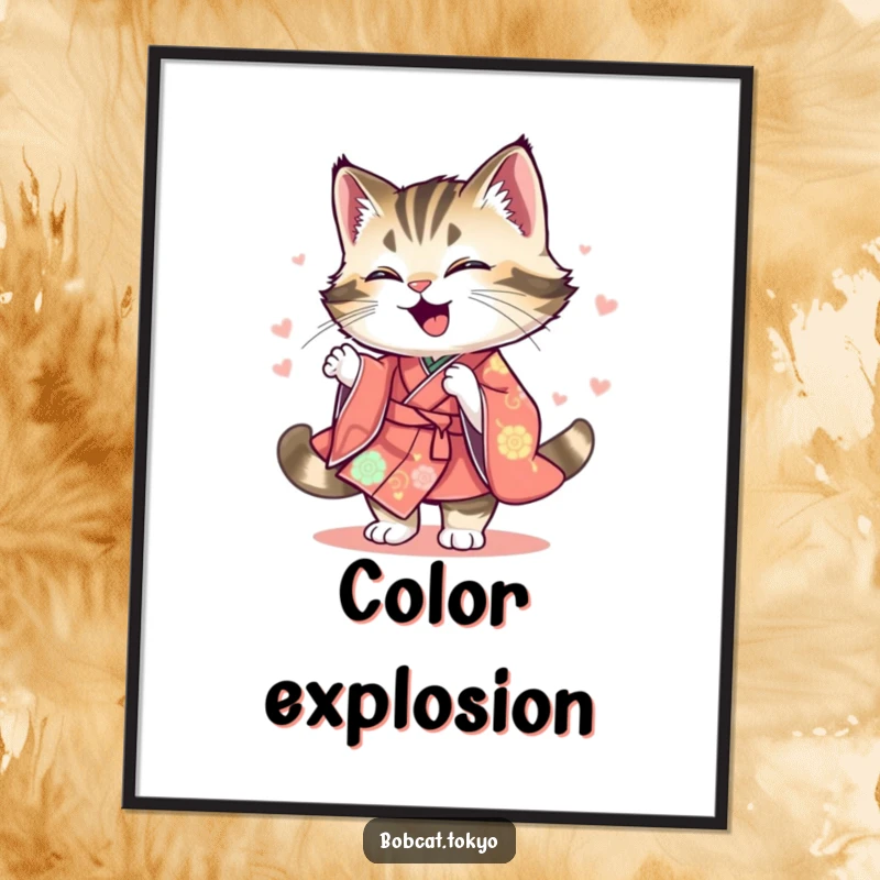 Funny Digital Art Print of a bobcat joyfully spinning, its kimono a colorful blur, offering immediate artistic humor and energy.