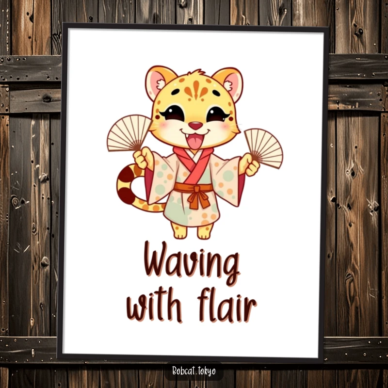 Funny Digital Art Print of an excited cheetah character in a kimono, joyfully waving fans, offering downloadable festive cheer.