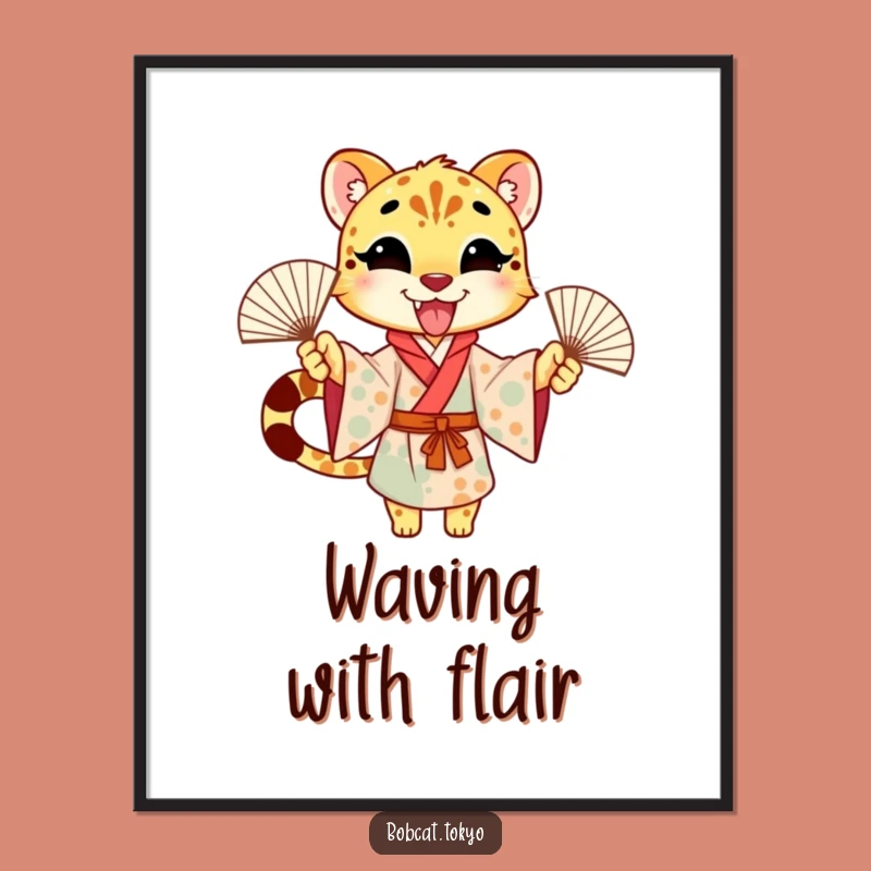Funny Cheetah Fan Dance Digital Art: Excited Kimono Instant Download