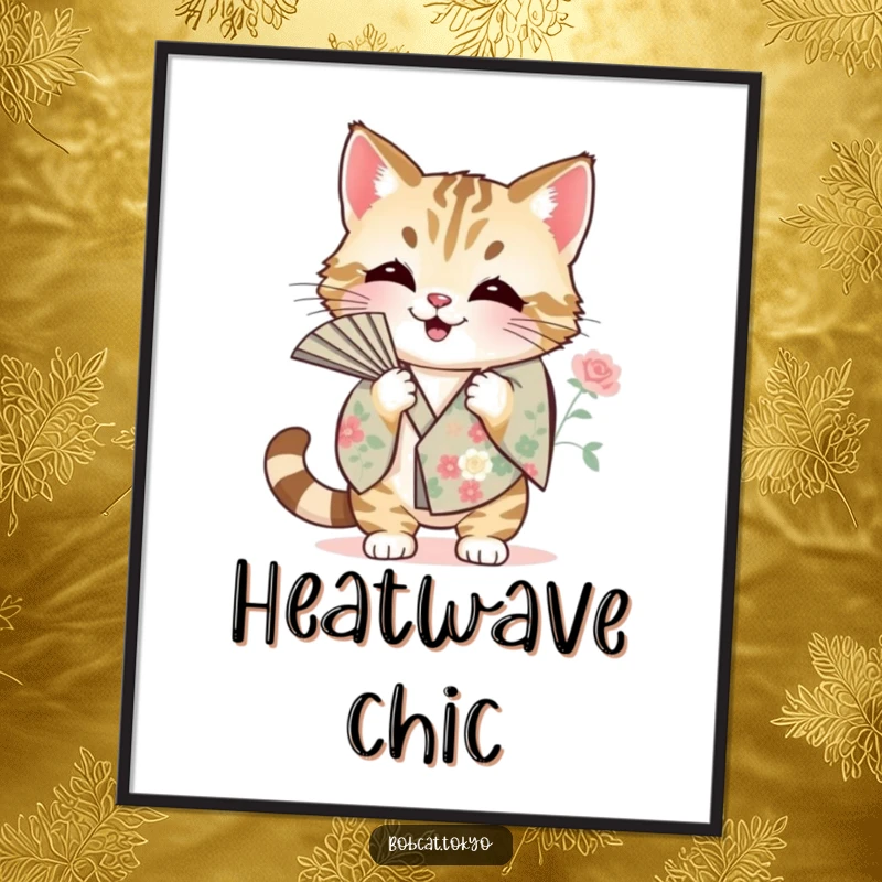 Funny Digital Art Print of a bobcat fanning itself with a floral kimono sleeve, offering immediate artistic humor and relief.