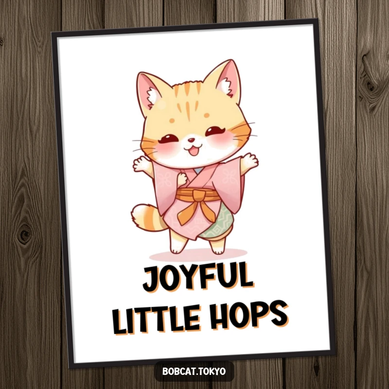 Funny Bobcat Digital Art: A bobcat garbed in a traditional kimono doing a silly hop, vibrant and humorous printable art.
