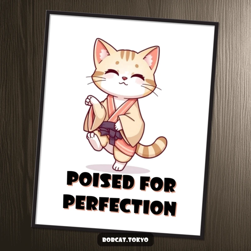 Funny Digital Art Print of a bobcat balancing on one leg with its kimono flowing, offering immediate artistic humor and grace.