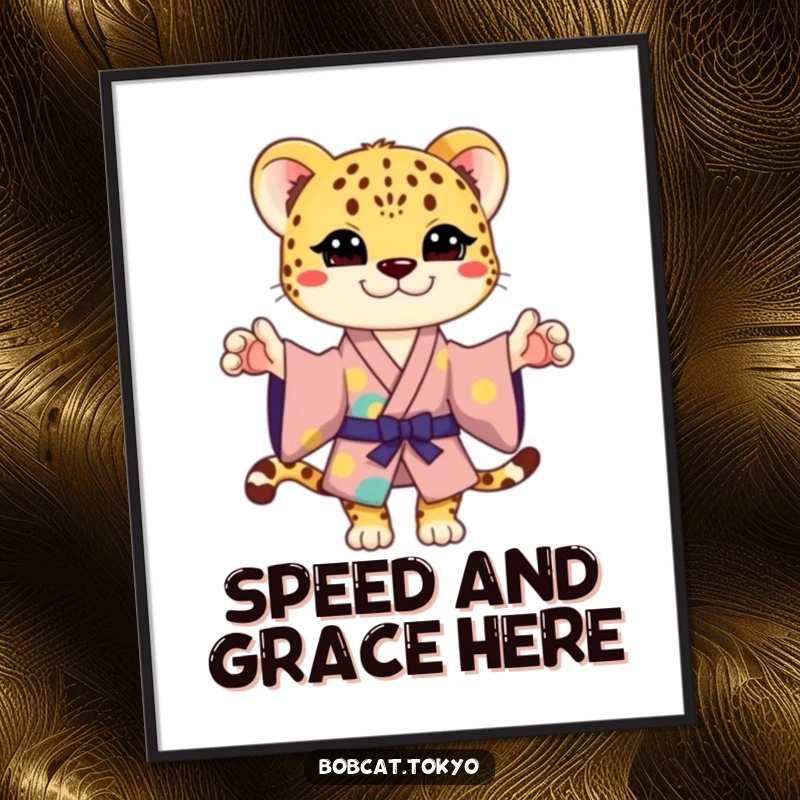 Funny Digital Art Print of a stylized cheetah in a colorful kimono, striking a playful pose, offering downloadable humor.