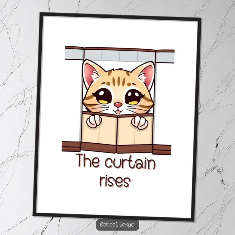 Funny Digital Art Print of a bobcat with wide, excited eyes peeking from behind a folding screen, offering immediate artistic humor.