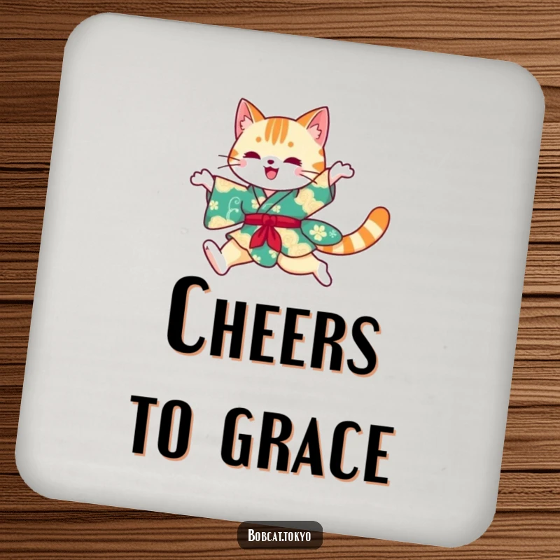 Funny Drink Coaster featuring a bobcat silhouette leaping in a vibrant kimono, protecting surfaces with artistic humor.