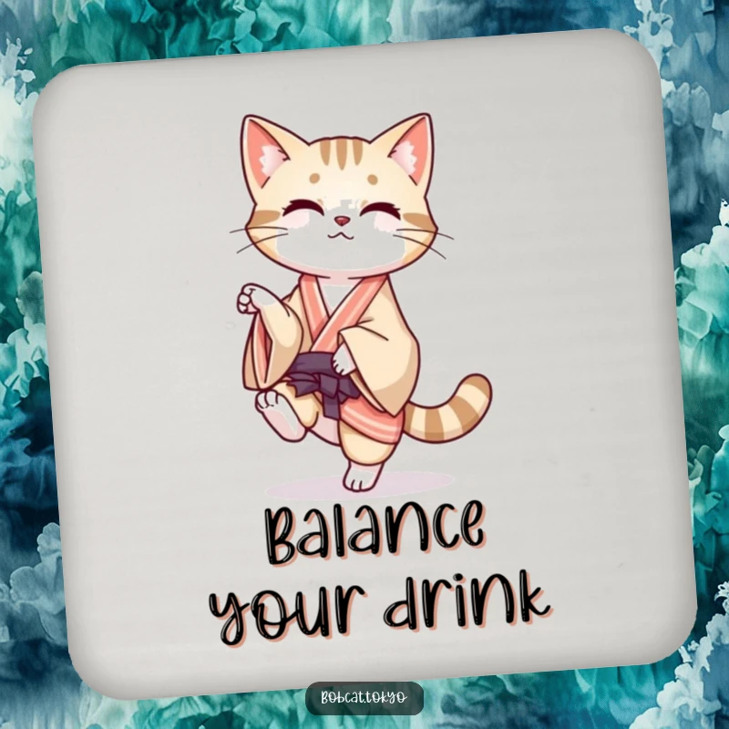 Funny Drink Coaster with a bobcat balancing on one leg, its kimono flowing, protecting surfaces with artistic humor.