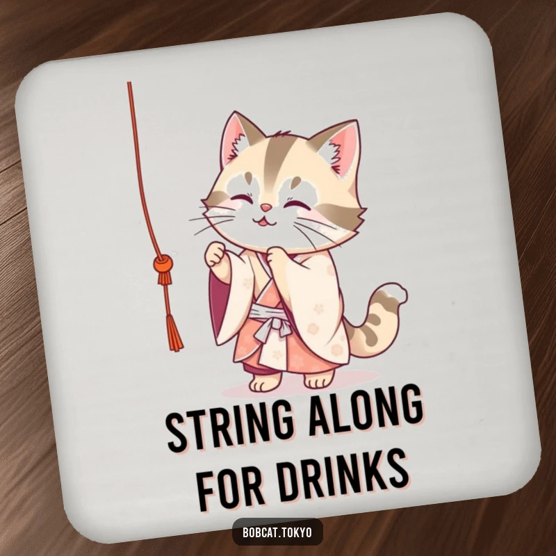 Funny Bobcat Coaster: A cute bobcat in a flowing kimono playfully batting at a dangling string, adding humorous protection.