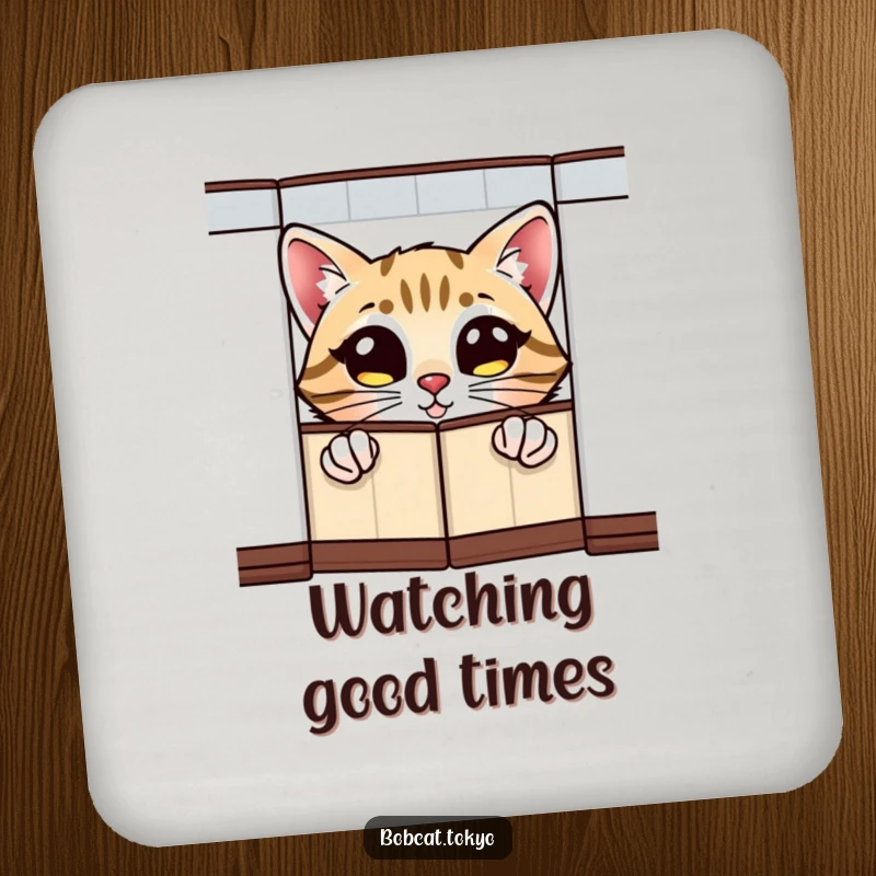 Funny Drink Coaster with a bobcat's excited eyes peeking from behind a folding screen, protecting surfaces with artistic humor.