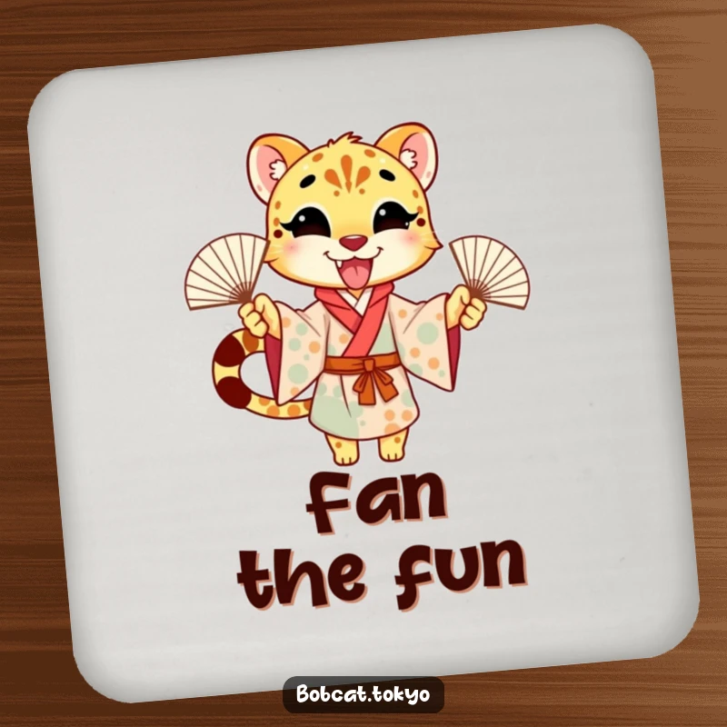 Funny Drink Coasters featuring an excited cheetah character in a kimono, energetically waving fans, adding cheer to tabletops.