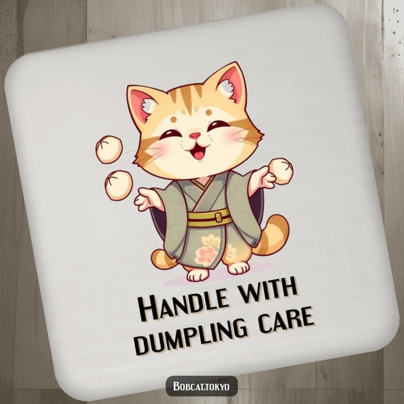 Funny Bobcat Coaster: A bobcat in an ornate kimono cheerfully juggling three small dumplings, a decorative and functional piece.