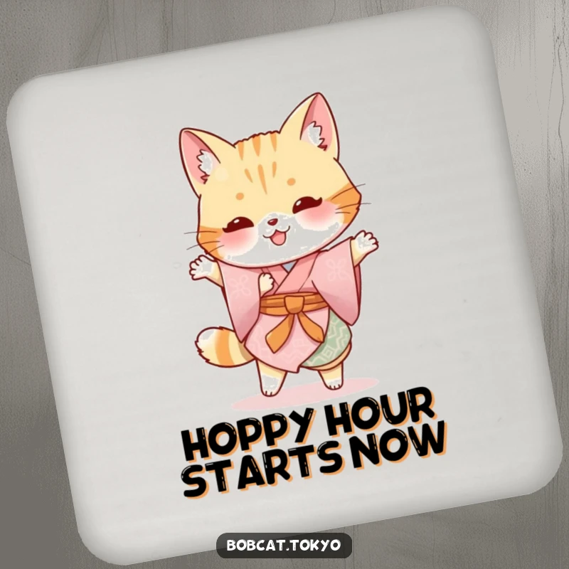 Funny Bobcat Coaster: A bobcat garbed in a traditional kimono doing a silly hop, adding humorous protection.
