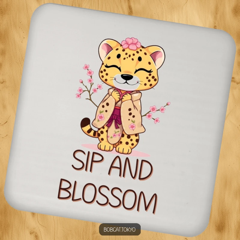 Funny Drink Coasters featuring a cheetah in a cherry blossom kimono, performing a playful, respectful bow, protecting surfaces.