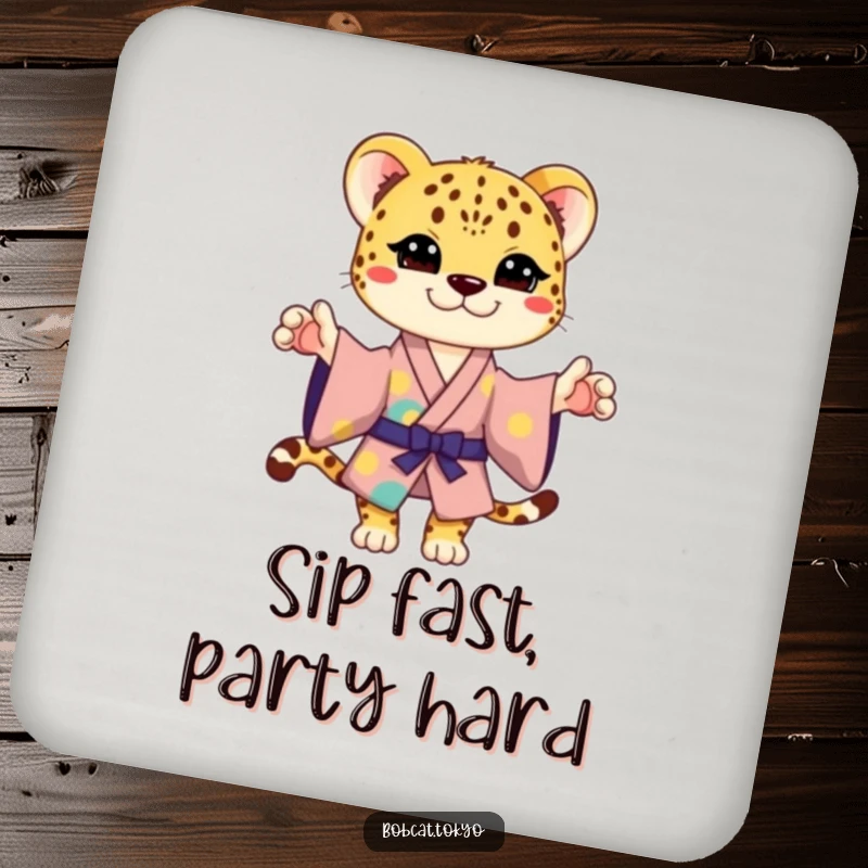 Funny Drink Coasters featuring a stylized cheetah in a colorful kimono, striking a playful pose, protecting surfaces with humor.