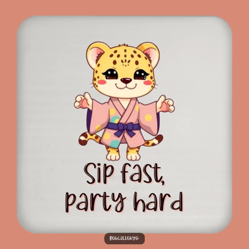Funny Cheetah Kimono Coaster Set: Playful Pose Protection for Humorous Tables