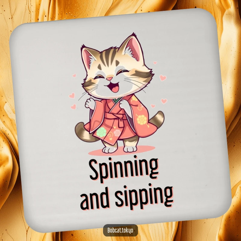 Funny Drink Coaster with a bobcat spinning, its kimono a colorful blur, protecting surfaces with artistic humor.