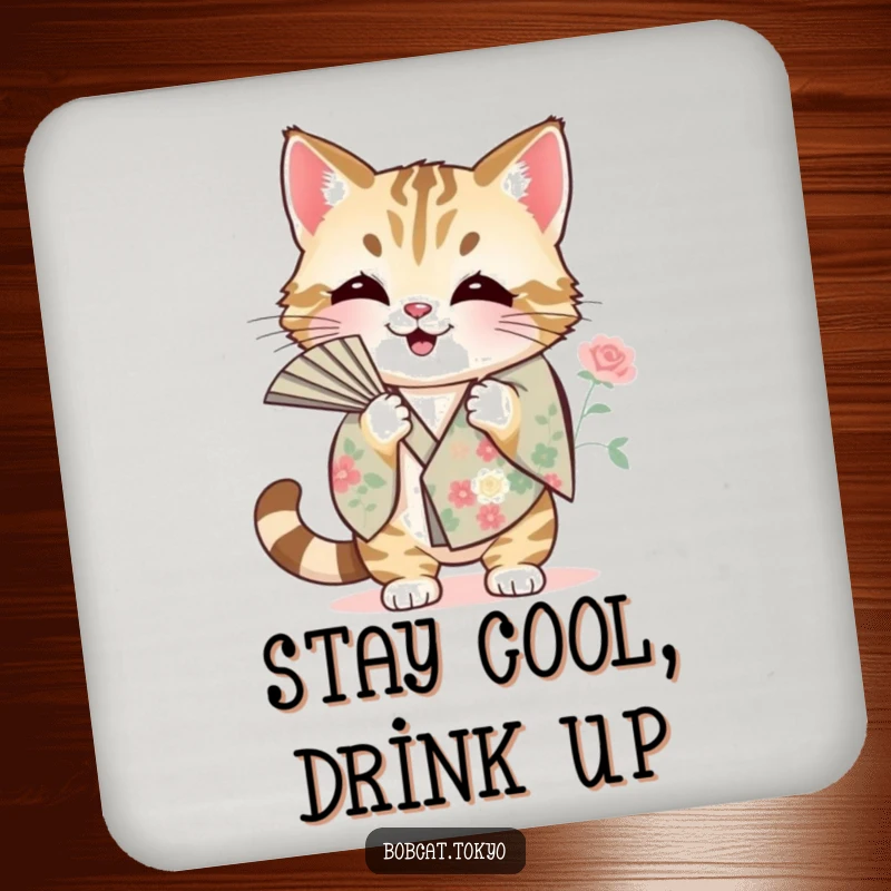 Funny Drink Coaster with a bobcat fanning itself using a floral kimono sleeve, protecting surfaces with artistic humor.