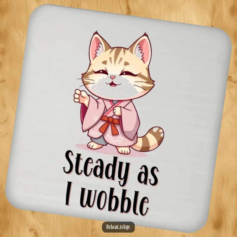 Funny Bobcat Coaster: A bobcat in an elegant kimono striking a funny, wobbly pose, adding humorous protection.