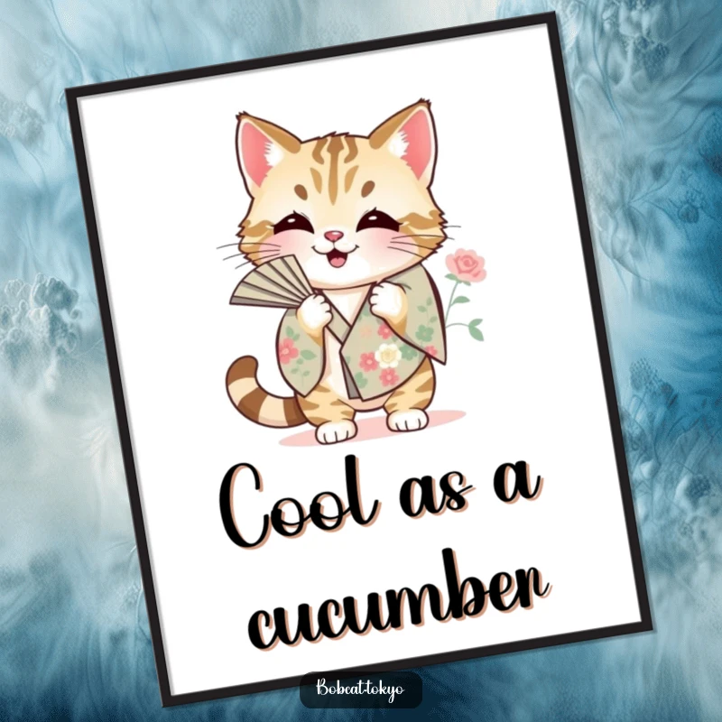 Funny Poster of a bobcat fanning itself with a floral kimono sleeve, adding whimsical humor and artistic flair to walls.