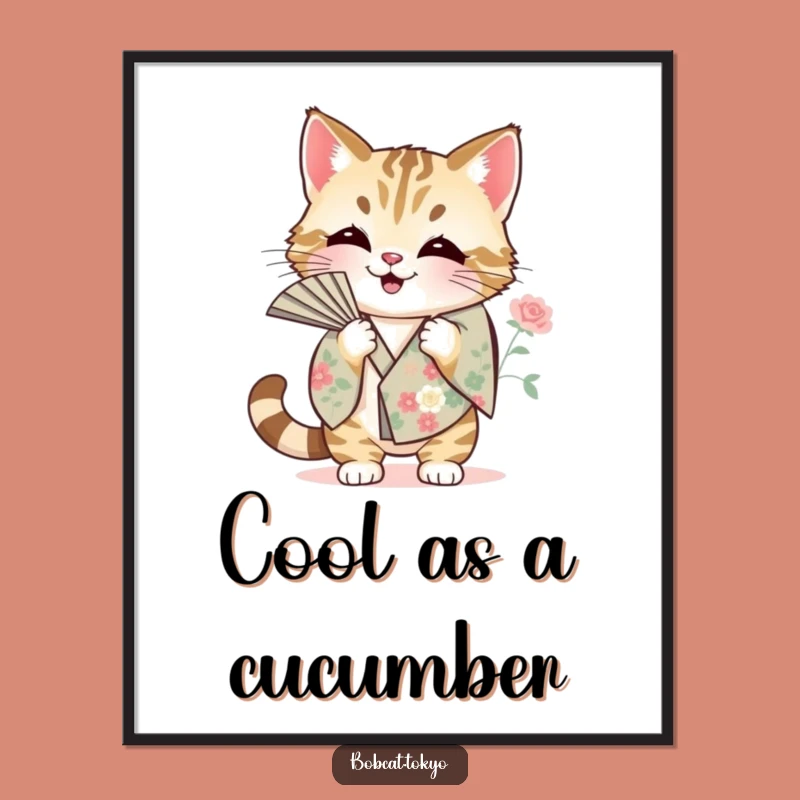 Funny Bobcat Fanning Poster: Heat Relief Art, Floral Kimono Whimsy, Decor Funny Gift