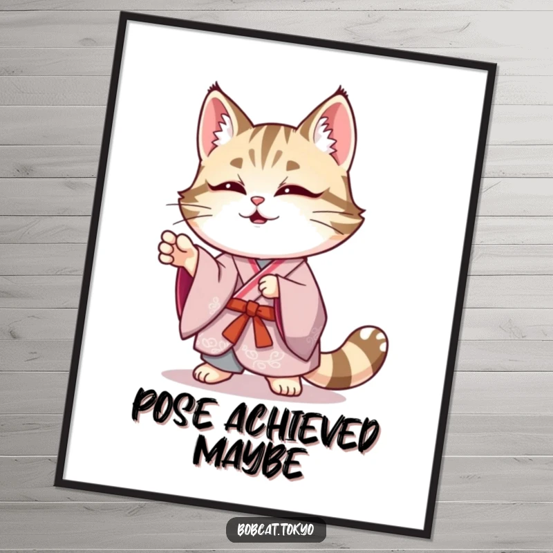 Funny Bobcat Poster: A bobcat in an elegant kimono striking a funny, wobbly pose, adding humorous and elegant decor.