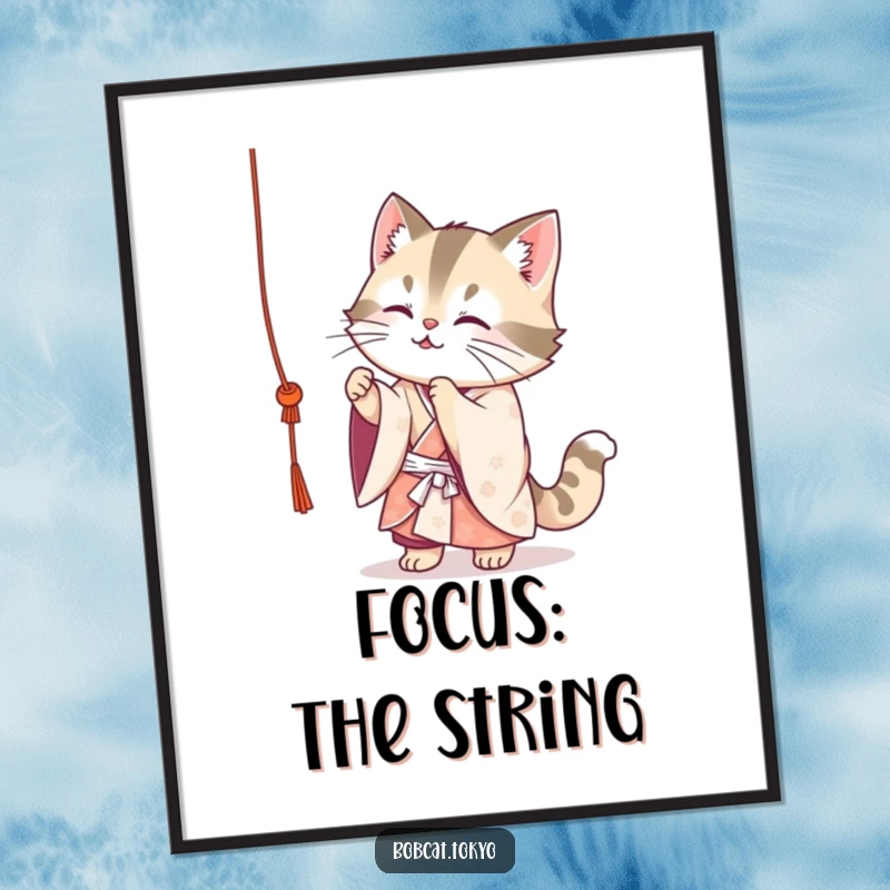 Funny Bobcat Poster: A cute bobcat in a flowing kimono playfully batting at a dangling string, a charming piece of humorous wall art.