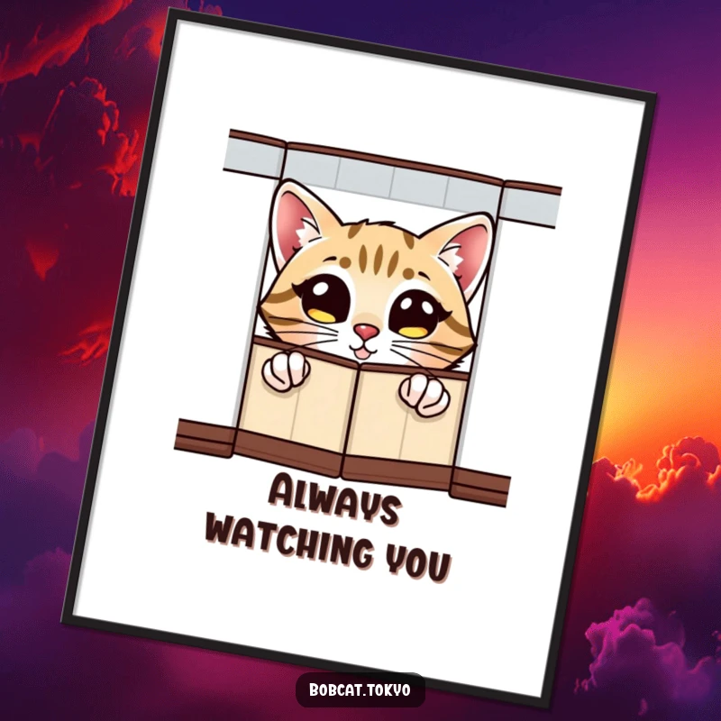 Funny Poster of a bobcat with wide, excited eyes peeking from behind a folding screen, adding whimsical humor to walls.