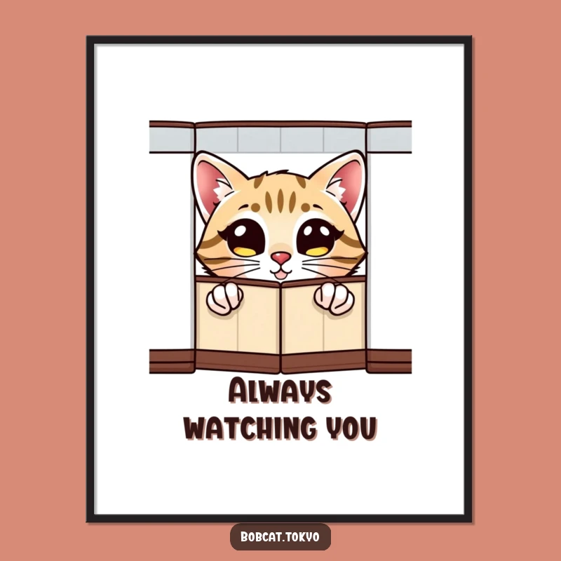 Funny Bobcat Peeking Poster: Curious Eyes Art, Folding Screen Whimsy, Decor Funny Gift