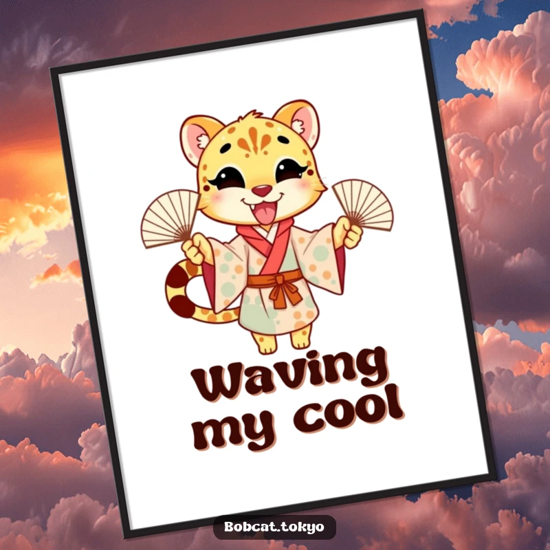 Funny Poster Art of an excited cheetah character in a kimono, joyfully waving fans, bringing festive energy to any room.