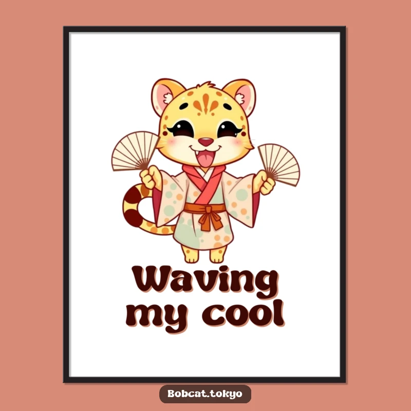 Funny Cheetah Fan Dance Poster: Excited Kimono Character Wall Art