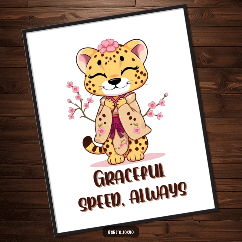 Funny Poster Art of a cheetah in a kimono adorned with cherry blossoms, executing a playful, respectful bow, enhancing decor.