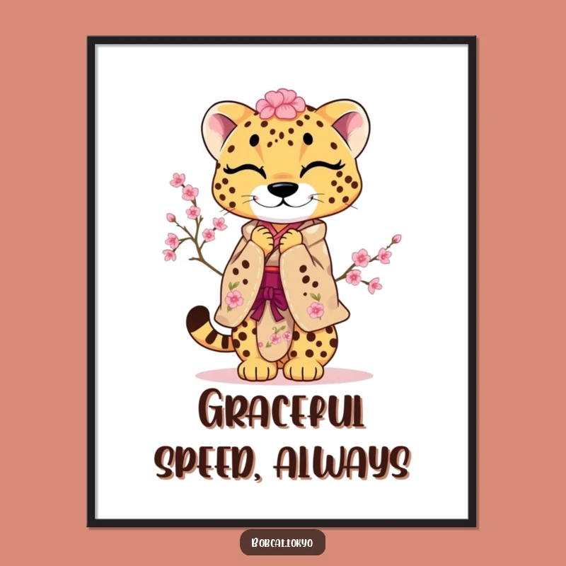Funny Cherry Blossom Cheetah Poster: Playful Bow Kimono Art