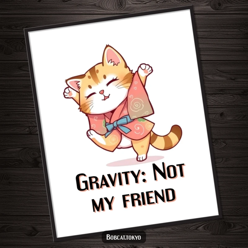 Funny Bobcat Poster: A bobcat in a colorful kimono attempting a clumsy somersault, adding humorous and dynamic decor.