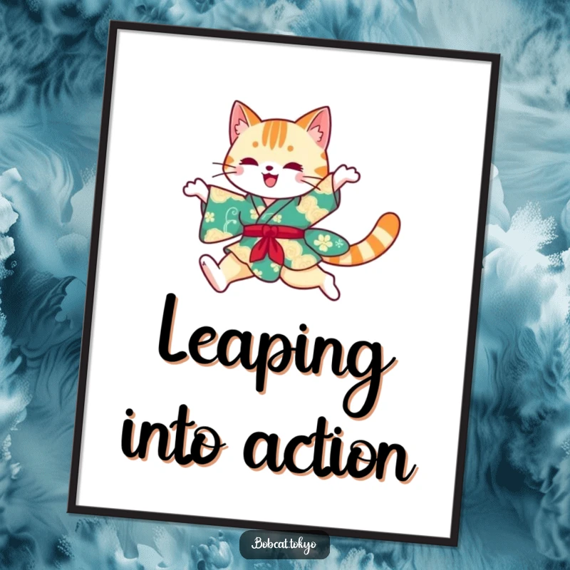 Funny Poster showcasing a bobcat silhouette in a dynamic leap, adorned in a vibrant kimono, adding artistic and humorous flair.