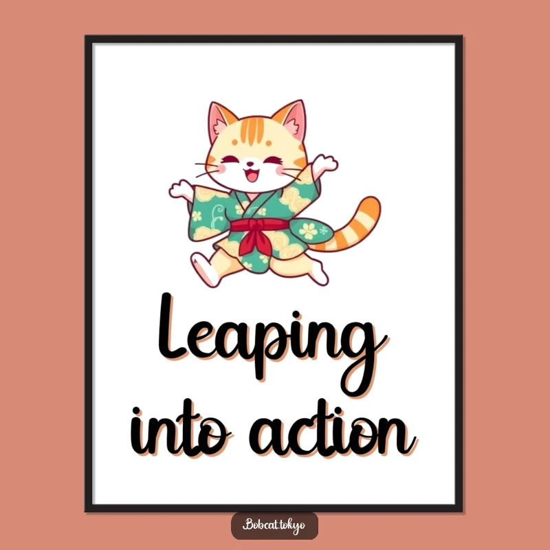 Funny Bobcat Kimono Poster: Vibrant Leap Art, Hilarious Feline Elegance, Decor Funny Gift