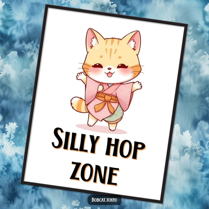 Funny Bobcat Poster: A bobcat garbed in a traditional kimono doing a silly hop, adding joyful and humorous decor.